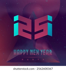 Illustration on the space theme with number 25. Futuristic design poster with abstract elements in dark space. Happy New Year 2025. Applicable for covers, placards, music posters and dj flyers.