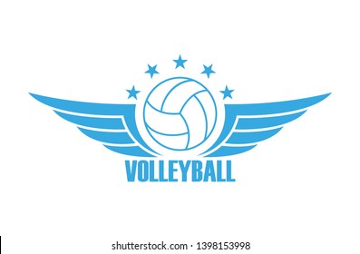 Illustration on a sports theme in blue color. Volleyball ball wings stars and text. Sport club logo
