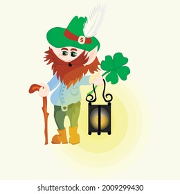 Illustration on a square background - gnome or leprechaun with a magic four-leaf and with a lantern - graphics. Valentine Day, gift, congratulations, love. Design elements. Background for website