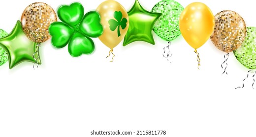 Illustration on St. Patrick's Day with flying colored helium balloons: round, star-shaped, and in the form of a four-leaf clover, on white background