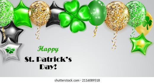 Illustration on St. Patrick's Day with flying colored helium balloons: round, star-shaped, and in the form of a four-leaf clover, on white background