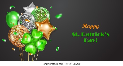 Illustration on St. Patrick's Day with several colored helium balloons: ordinary and in the form of a four-leaf clover, and falling pieces of serpentine. On black background