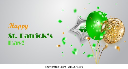 Illustration on St. Patrick's Day with several colored helium balloons: ordinary and in the form of a four-leaf clover, and falling pieces of serpentine. On white background