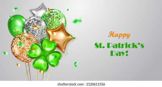 Illustration on St. Patrick's Day with several colored helium balloons: ordinary and in the form of a four-leaf clover, and falling pieces of serpentine. On white background