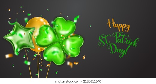 Illustration on St. Patrick's Day with several colored helium balloons: ordinary and in the form of a four-leaf clover, and falling pieces of serpentine. On black background