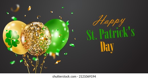 Illustration on St. Patrick's Day with several colored helium balloons: ordinary and in the form of a four-leaf clover, and falling pieces of serpentine. On black background