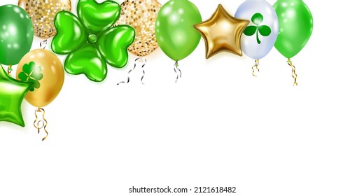 Illustration on St. Patrick's Day with flying colored helium balloons: round, star-shaped, and in the form of a four-leaf clover, on white background