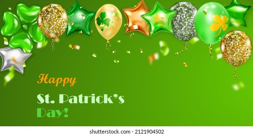 Illustration on St. Patrick's Day with flying colored helium balloons: round, star-shaped, and in the form of a four-leaf clover, and falling pieces of serpentine. On green background