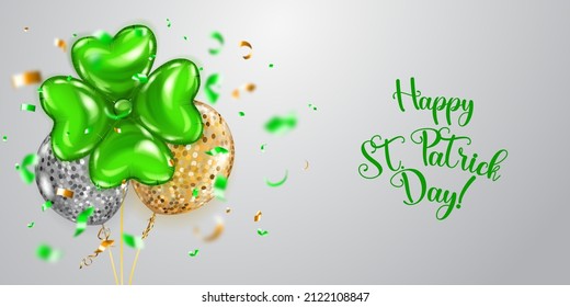 Illustration on St. Patrick's Day with several colored helium balloons: ordinary and in the form of a four-leaf clover, and falling pieces of serpentine. On white background