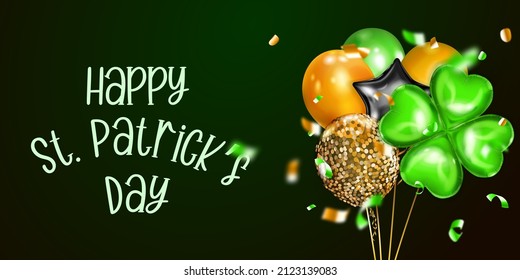 Illustration on St. Patrick's Day with several colored helium balloons: ordinary and in the form of a four-leaf clover, and falling pieces of serpentine. On dark green background