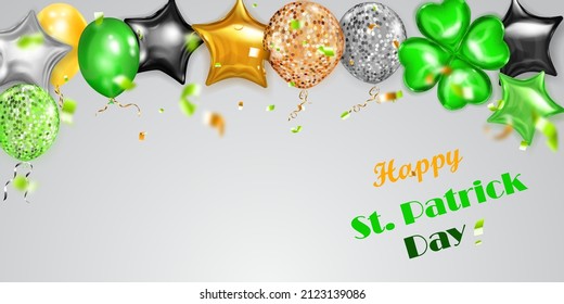 Illustration on St. Patrick's Day with flying colored helium balloons: round, star-shaped, and in the form of a four-leaf clover, and falling pieces of serpentine. On white background