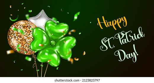 Illustration on St. Patrick's Day with several colored helium balloons: ordinary and in the form of a four-leaf clover, and falling pieces of serpentine. On dark green background