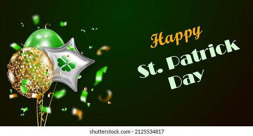 Illustration on St. Patrick's Day with several colored helium balloons: ordinary and in the form of a four-leaf clover, and falling pieces of serpentine. On dark green background