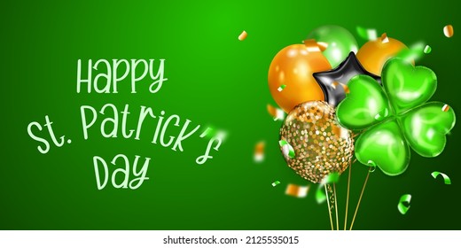 Illustration on St. Patrick's Day with several colored helium balloons: ordinary and in the form of a four-leaf clover, and falling pieces of serpentine. On green background