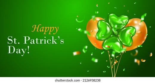 Illustration on St. Patrick's Day with several colored helium balloons: ordinary and in the form of a four-leaf clover, and falling pieces of serpentine. On green background