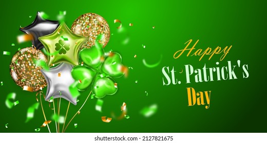 Illustration on St. Patrick's Day with several colored helium balloons: ordinary and in the form of a four-leaf clover, and falling pieces of serpentine. On green background