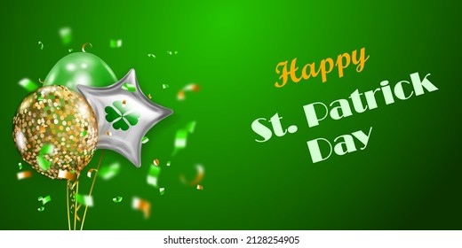 Illustration on St. Patrick's Day with several colored helium balloons: ordinary and in the form of a four-leaf clover, and falling pieces of serpentine. On green background