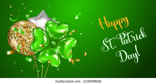 Illustration on St. Patrick's Day with several colored helium balloons: ordinary and in the form of a four-leaf clover, and falling pieces of serpentine. On green background