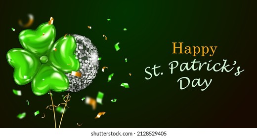 Illustration on St. Patrick's Day with several colored helium balloons: ordinary and in the form of a four-leaf clover, and falling pieces of serpentine. On dark green background