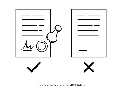 Illustration on the subject of the business of finance and documents. Icon of the Right document with signature and seal and the wrong doc. Vector graphics