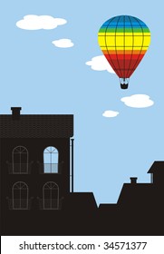 Illustration on a theme, 19th century. In the foreground a landscape of an old city. On a distance shot the bright balloon flies.