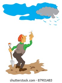 The illustration on the theme of agriculture. On dry land stands a man with a shovel and expect rain cloud.