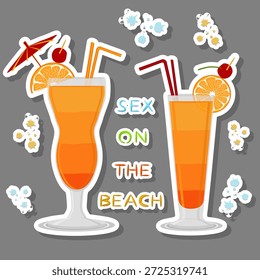 Ilustración sobre el tema para el alcohol cóctel de naranja sexo en la playa, patrón de naranja que consiste en taza de vidrio completo con cóctel de verano sexo en la playa, cóctel sexo en la playa de jugo de naranja
