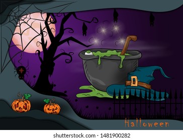 illustration on the theme of all saints eve, Halloween, a cauldron with a potion and a witchs hat background design in 3D paper cut style background design in 3D paper cut style, vector EPS 10