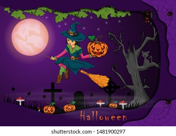 illustration on the theme of all saints eve, Halloween, little witch flying on a broom background design in 3D paper cut style, vector EPS 10