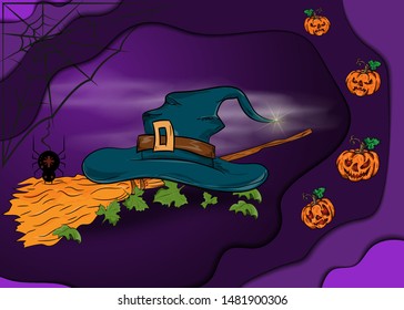 illustration on the theme of all saints eve, Halloween, witch hat lies on a broom background design in 3D paper cut style, vector EPS 10