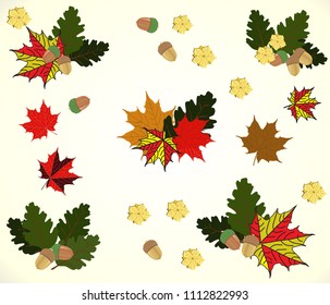 illustration on the theme of autumn, leaves, oak, maple, and acorns. Beige tone