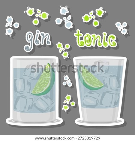 Illustration on theme of beautiful alcohol cocktail gin tonic, bright gin tonic consisting of full glass cup with transparent cocktail and cubes of ice, cocktail gin tonic for celebration holidays