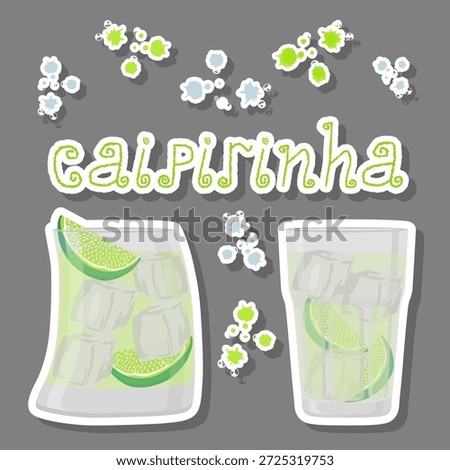Illustration on theme of beautiful alcohol cocktail caipirinha, bright caipirinha consisting of full glass cup with transparent cocktail and cubes of ice, cocktail caipirinha for celebration holidays