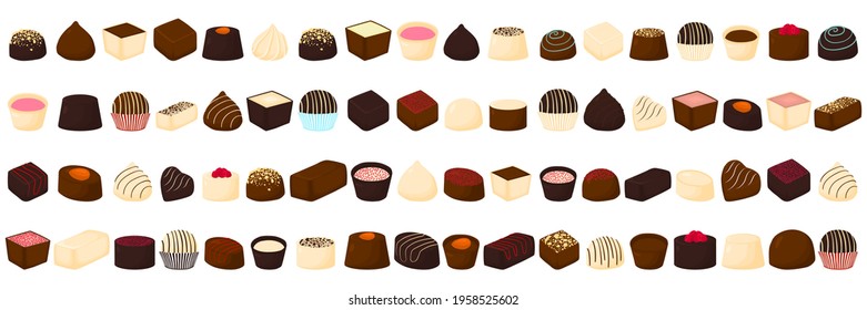 Illustration on theme beautiful big set sweet chocolate candy bonbon. Candy bonbon consisting of black sweet chocolate covered powder  glaze. Kit chocolate candy in different form, tasty sweet bonbon.