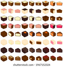 Illustration on theme beautiful big set sweet chocolate candy bonbon. Candy bonbon consisting of black sweet chocolate covered powder  glaze. Kit chocolate candy in different form, tasty sweet bonbon.