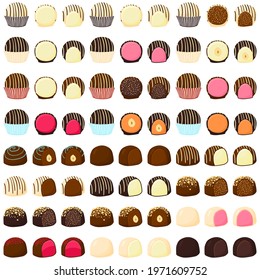 Illustration on theme beautiful big set sweet chocolate candy bonbon. Candy bonbon consisting of black sweet chocolate covered powder  glaze. Kit chocolate candy in different form, tasty sweet bonbon.