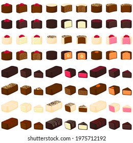 Illustration on theme beautiful big set sweet chocolate candy bonbon. Candy bonbon consisting of black sweet chocolate covered powder  glaze. Kit chocolate candy in different form, tasty sweet bonbon.