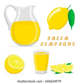 Ilustración del icono del vector logotipo jarra amarilla, limonada líquida, fondo de limón. Patrón de jugo consistente en limonadas de agua de vidrio llenas de jarra, producto natural. Lemonade, bebe líquido crudo fresco de jarras.