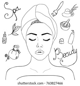 
illustration on the theme of beauty, self-care, spa salons, relaxation. Painted elements can be used for business cards, flyers, salon ads, web sat, background.