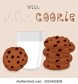 Illustration on theme big colored kit homemade cookie, glass of white milk. Drawing consisting of glass, french dessert cookie, yummy white milk. Eat tasty chocolate cookie with white milk in glass.