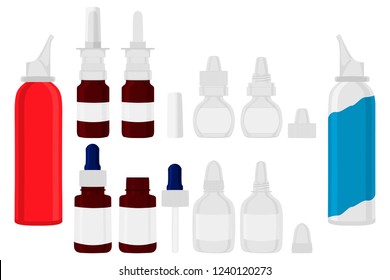 Illustration on theme big colored set different types of nasal spray from runny nose. Nasal spray consisting of collection accessory of runny nose. Main medicine symbol is nasal spray for runny nose.