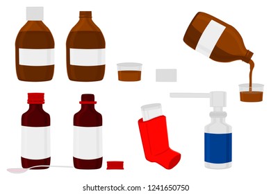 Illustration on theme big colored set different types of sprayers in vial, syrup for hospital. Sprayer pattern consisting of collection accessory tasty syrups. Main medicine symbol is syrup in sprayer