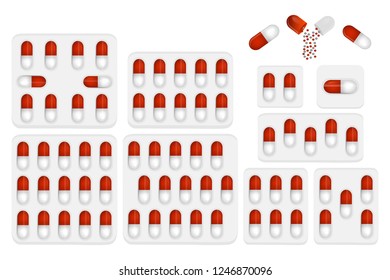Illustration on theme big colored set different types of pills inside close blister. Pill pattern consisting of collection blisters with quality control. Plastic blister from remedy pill paracetamol.
