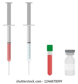 Illustration on theme big colored set different types of syringes, needles for hospital. Syringe consisting of collection accessory with quality control needle. Needle in syringe main medicine symbol