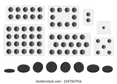 Illustration on theme big colored set different types of pills inside close blister. Pill pattern consisting of collection blisters with quality control. Plastic blister from remedy pill paracetamol.