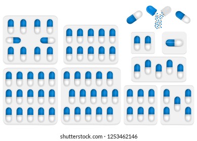 Illustration on theme big colored set different types of pills inside close blister. Pill pattern consisting of collection blisters with quality control. Plastic blister from remedy pill paracetamol.