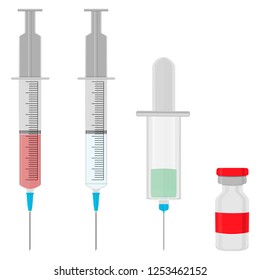 Illustration on theme big colored set different types of syringes, needles for hospital. Syringe consisting of collection accessory with quality control needle. Needle in syringe main medicine symbol