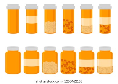 Illustration on theme big colored set different types of pills inside close jar. Pill pattern consisting of collection jars with quality control closed cap. Plastic jar open for drink laboratory pill