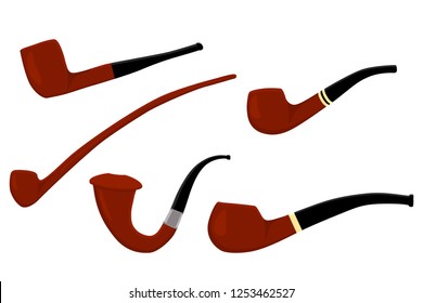 Illustration on theme big colored set different types smoke pipes different size for tobacco. Pipe pattern consisting of collection accessory of smoke tobacco. Tobacco smoke pipe to damage health.