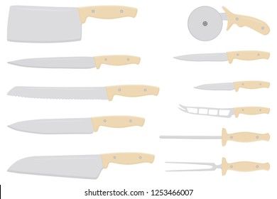 Illustration on theme big colored set different types knives different size for butcher. Knife pattern consisting of collection accessory to butcher in kitchen. Butcher with kitchen knives for meal.